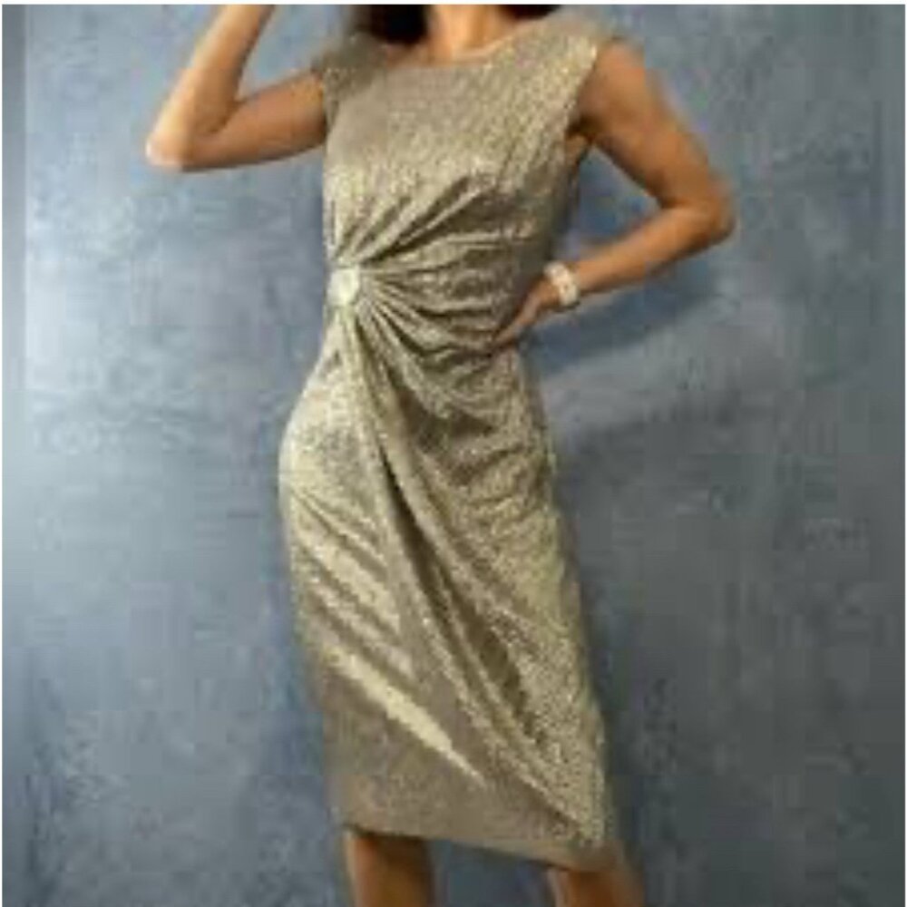 Connected Sheath Dress 16 Gold Sleeveless Stretch Party Wedding Cruise Washable